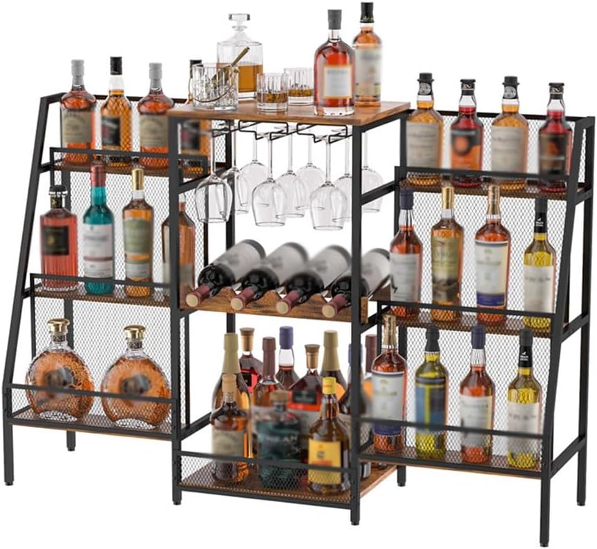 Weinregal, Multifunktionales Barregal mit Glasregal, bodenstehendes unabhängiges Weinregal, Weinschrank zur Aufbewahrung von Spirituosen, Whisky und Wein, sechsschichtiger Stufenbarschrank mit Zaun