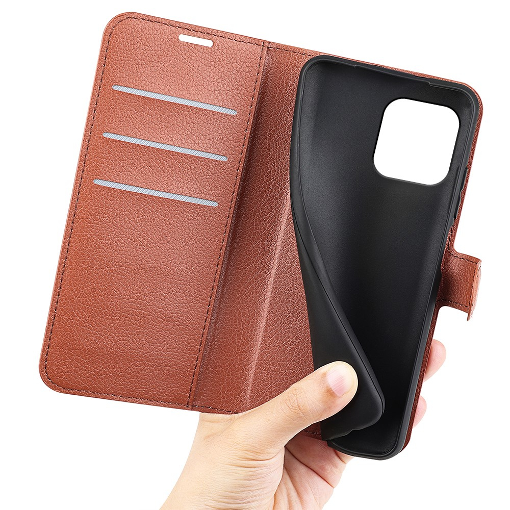 iPhone 15 Leder Tasche Flip Cover Litchi Look - Braun