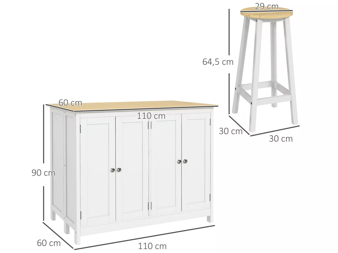 Ensemble îlot central de cuisine avec 2 tabourets de bar - 4 portes, 2 étagères - plateau, pans rabattable - MDF blanc chêne clair verni
