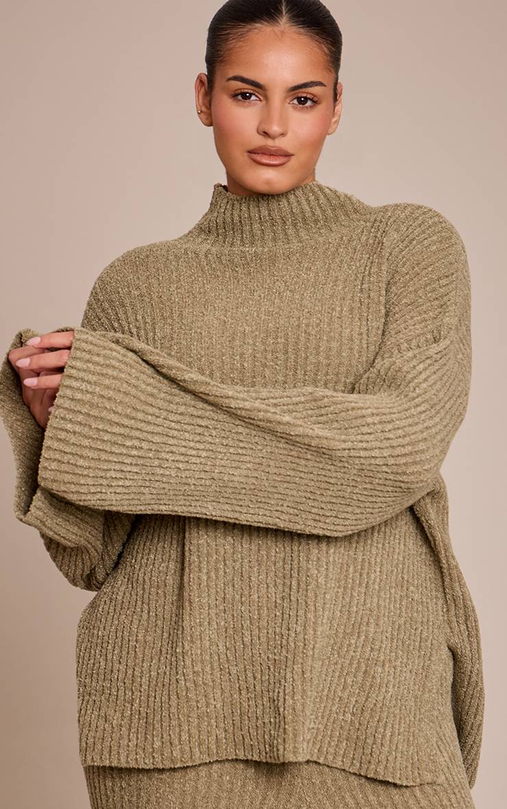 Kaki Synthétiquell Oversize En Maille Bouclée Côtelée Grande Taille