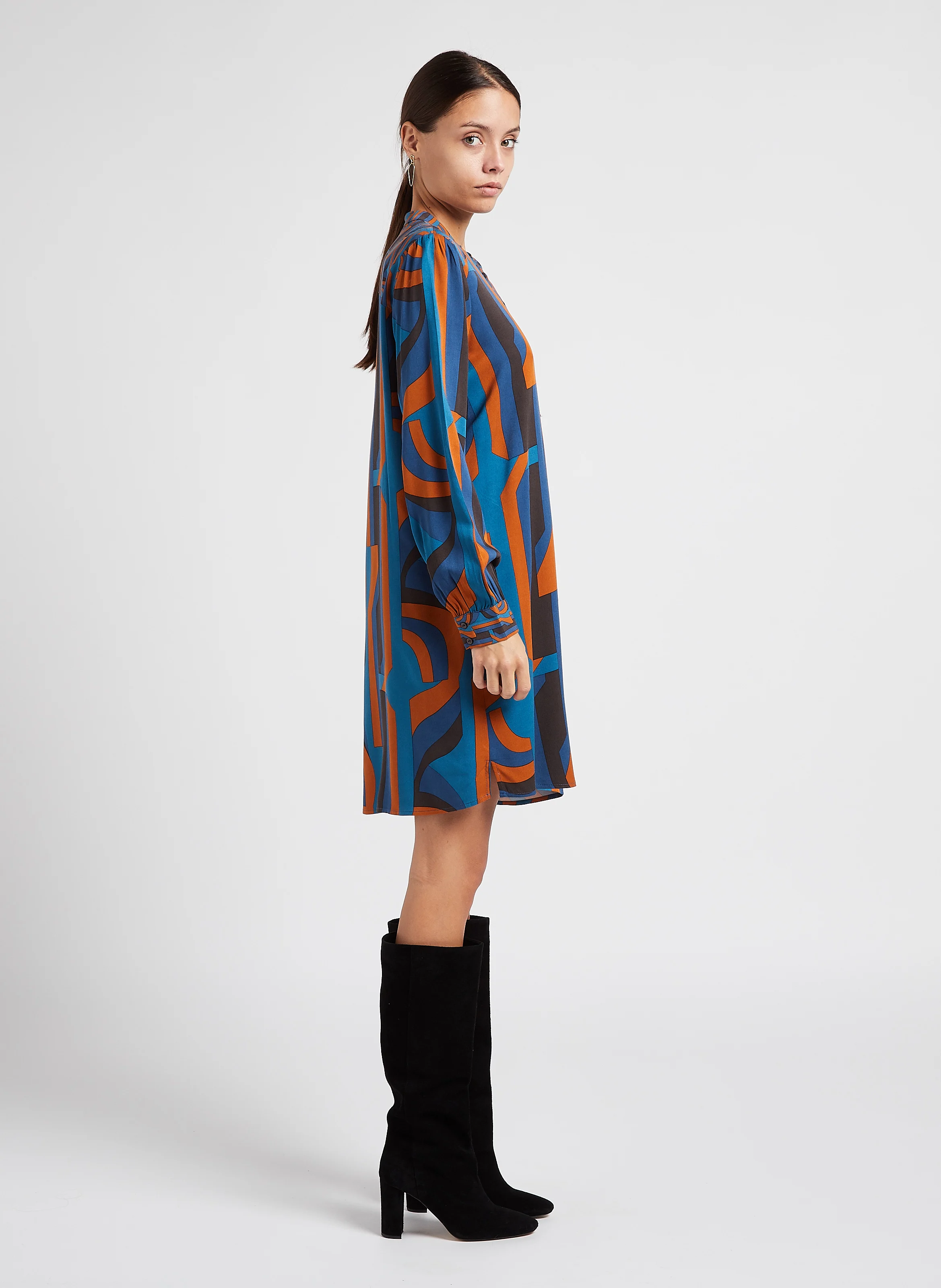 BLAIR RINA - Robe courte droite col rond imprimé | Bleu