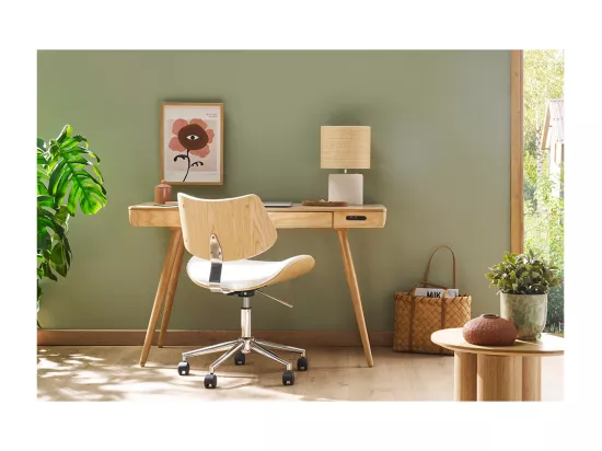 Chaise de bureau à roulettes design en tissu effet velours texturé beige, bois clair chêne et métal MALMO