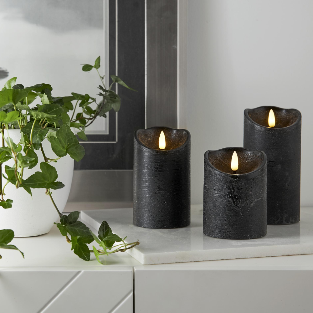 (10cm) Echtwachs LED Pillar Kerze Home Deko Stimmungsleuchte Flamme Rustic (12.061-16) - Schwarz