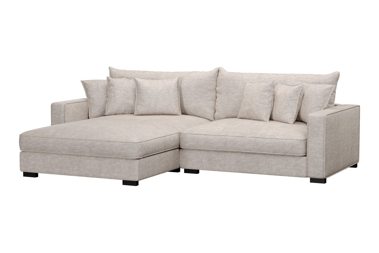 Rossi Lux 2-seter med XL sjeselong venstre Tekstil Beatto 1027 Lys Grå, arm B med sorte ben. Lux Komfort.