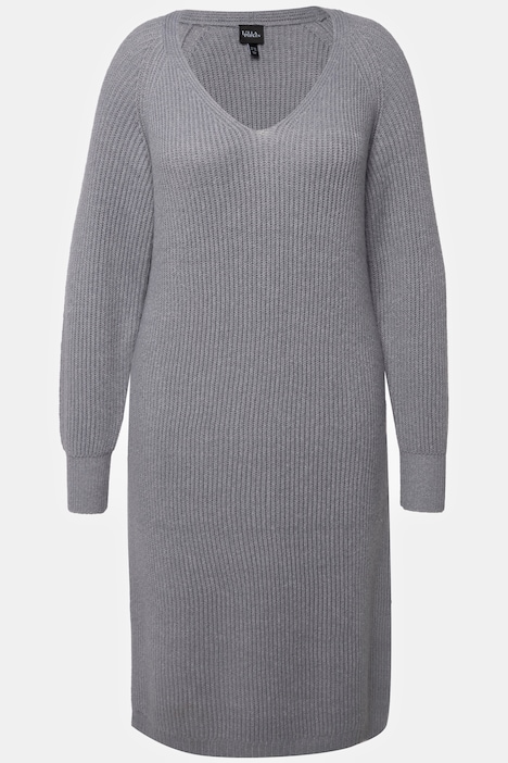 Midikleid, Rippstrick, V-Ausschnitt, Langarm, Strickkleid