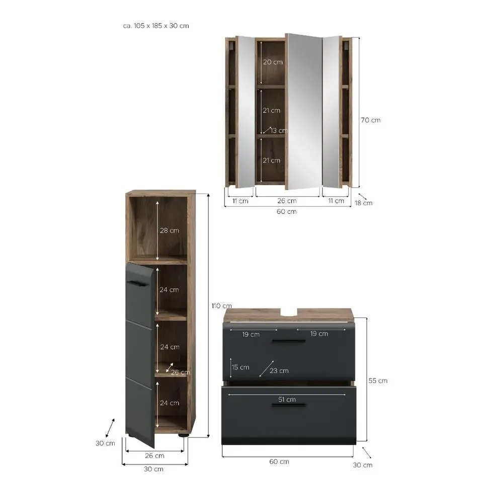 Hioshop Ice badkamer I23 zwart mat- eiken decor