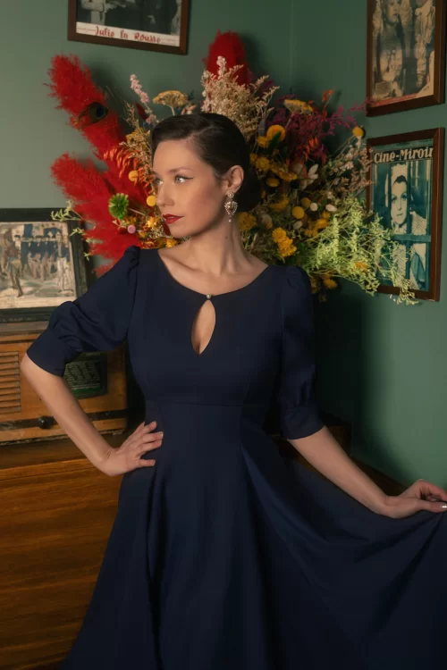 Vintage Diva  The Graziella swing jurk in navyblauw