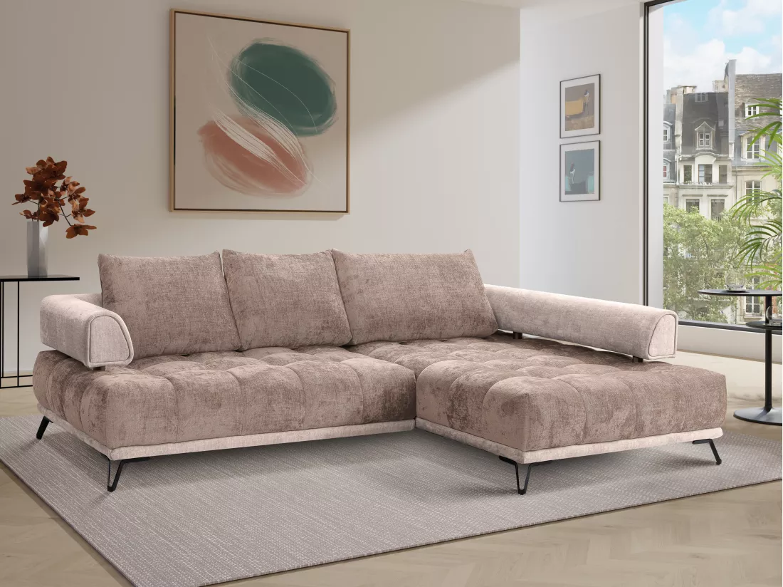 Canapé d'angle droit en tissu et velours taupe NIVORIA