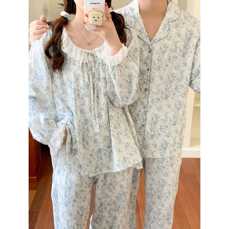 Sadelle - Bijpassende pyjamaset voor koppels: top met lange mouwen en bloemenprint + broek (verschillende ontwerpen)