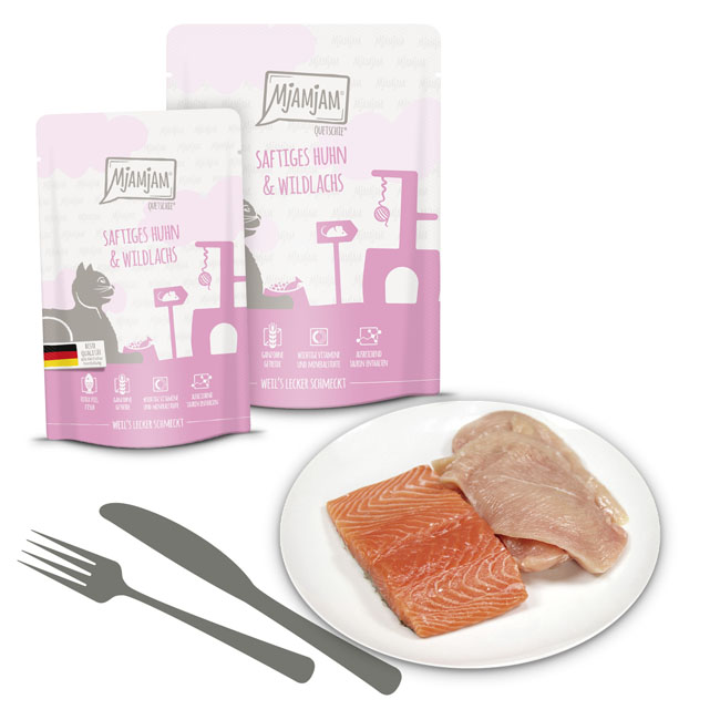 Quetschie saftiges Huhn und Wildlachs