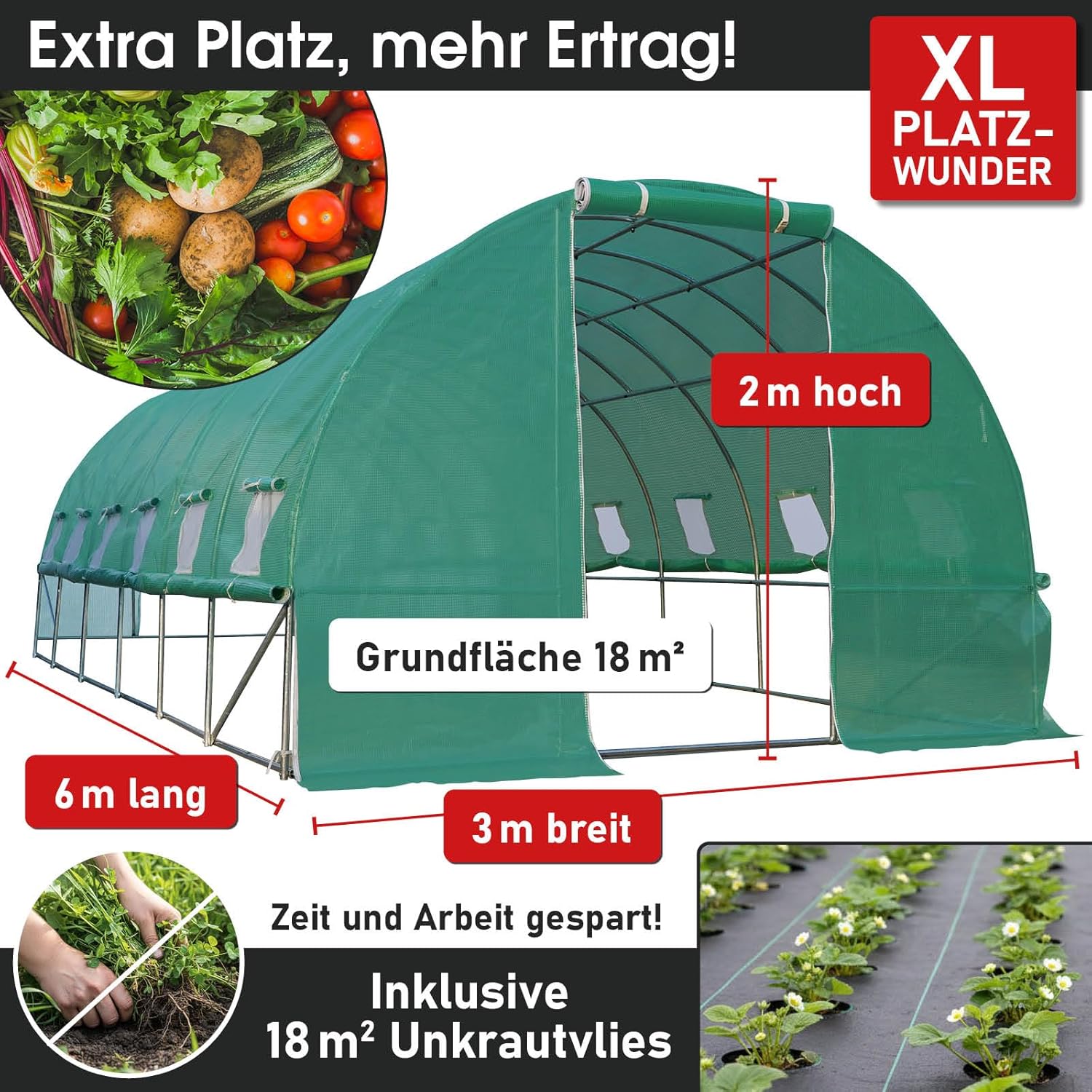 BRAST Gewächshaus Foliengewächshaus mit Stahlfundament | 2x3m - 3x8m | inkl. Erdanker Unkrautvlies & aufrollbare Seitenwände mit Moskitonetz | UV-stabilisierte Gitterschutzfolie 200g/m² | 300x600cm