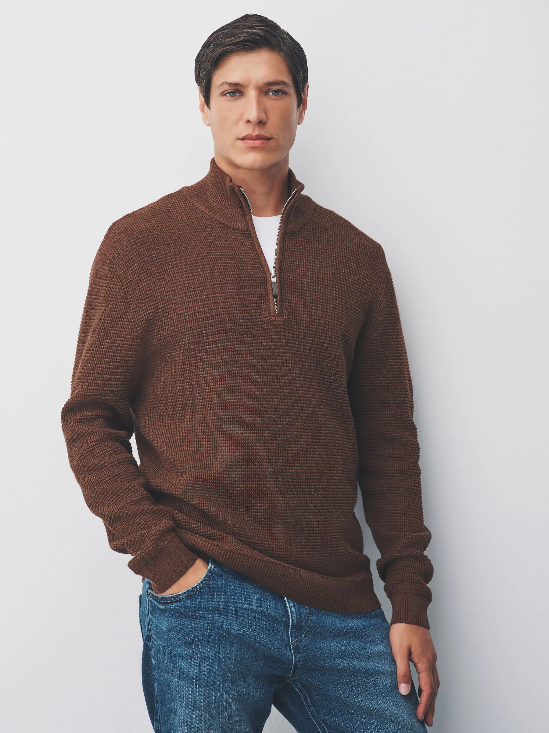 Lichtbruin - Effen - Regular Fit 100% Cotton Textured Premium Quarter Zip Jumper