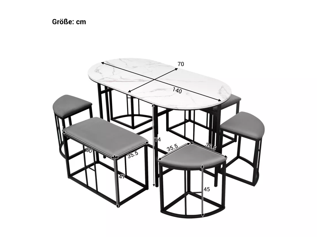 Table à manger ovale 6 personnes, avec 6 tabourets, Effet marbre, en MDF et acier, Charge max 120kg, 140x70x74cm