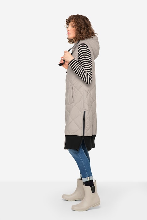 Steppweste, lange Form, Kapuze, 2-Wege-Zipper, Rippsaum