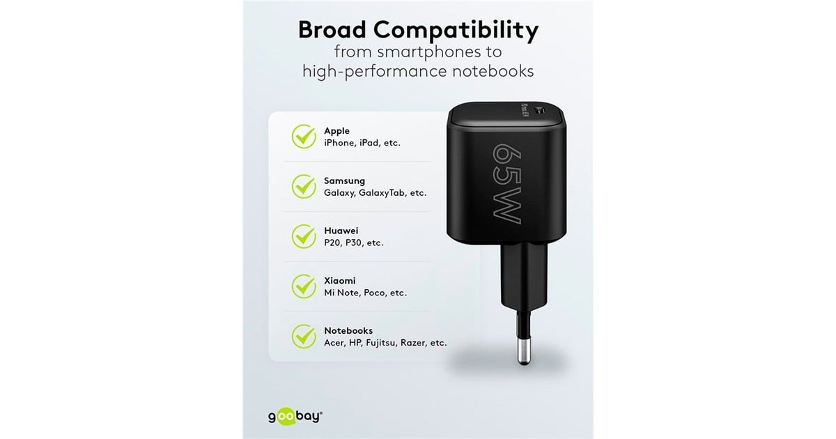 goobayUSB-C PD GaN snellader Nano (65 W)   (Zwart, 1x USB-C, Power Delivery 3.0)