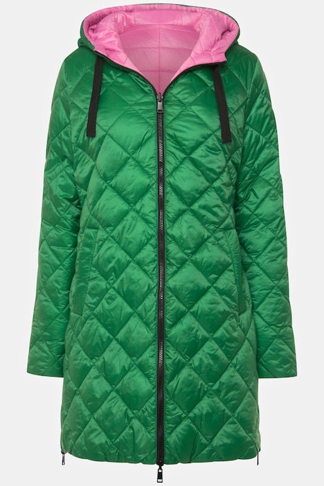 Wende-Steppjacke, extra lang, wasserabweisend, Kapuze, Langarm