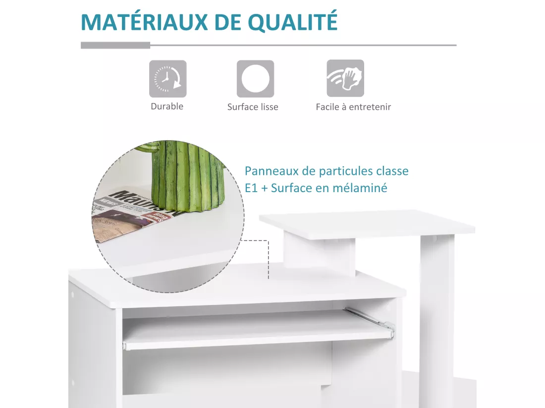 Bureau informatique multimédia étagères tablette clavier panier noir panneaux particules blanc