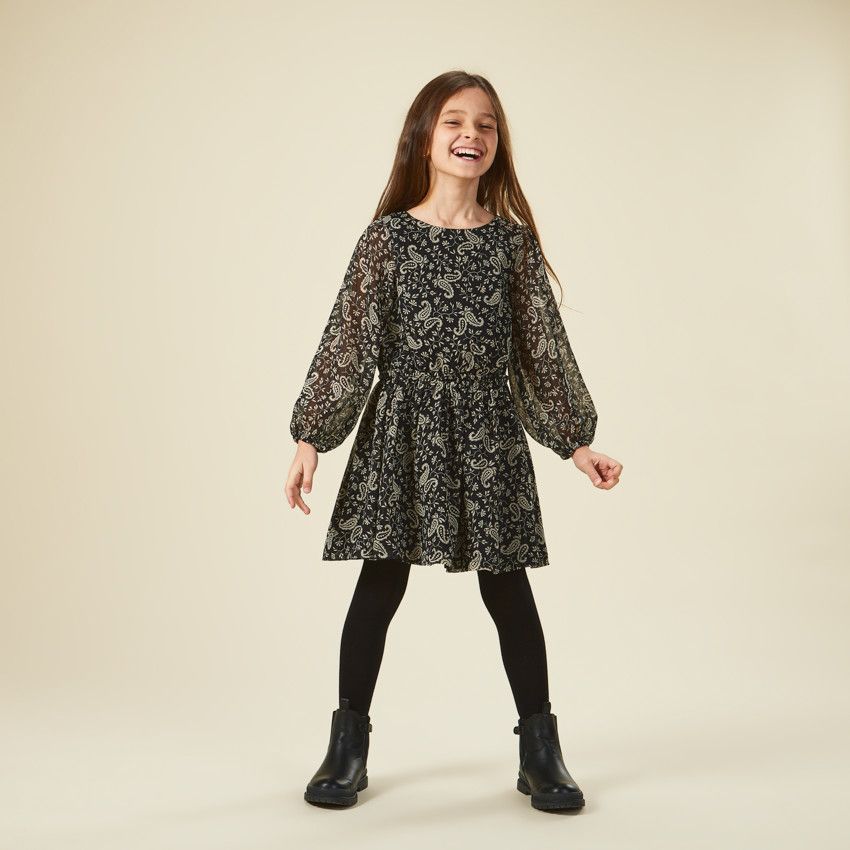 Robe imprimée à manches longues transparentes pour fille - Noir