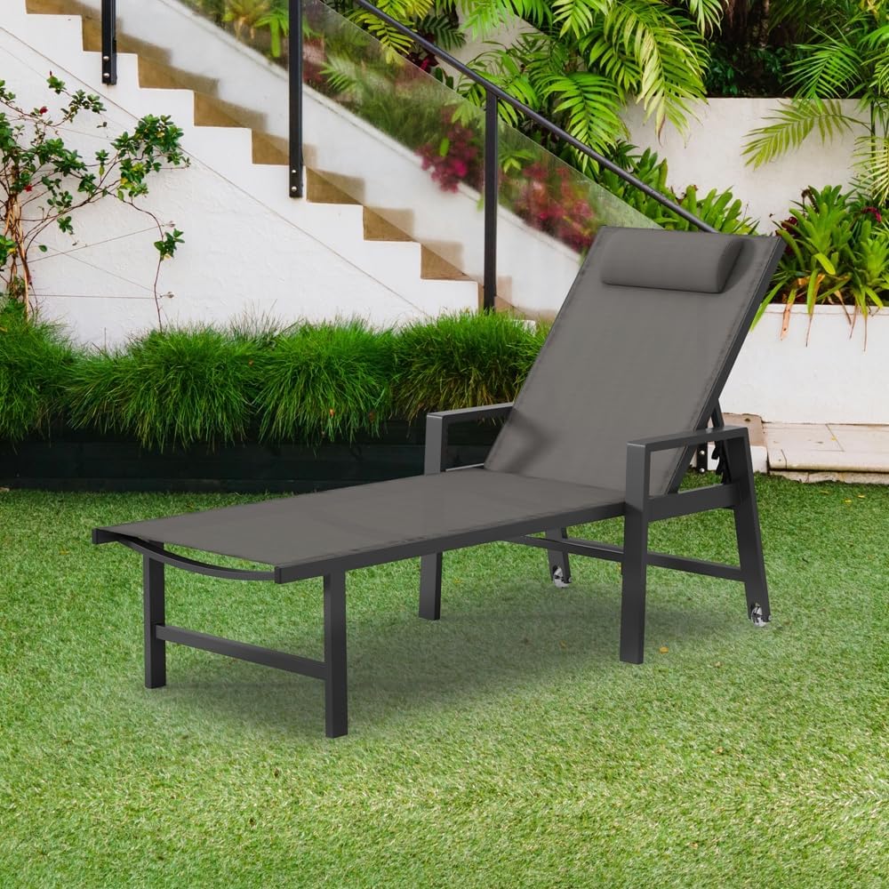 Melko Aluminium Sonnenliege wetterfest mit Rollen, 5-Fach verstellbare Rückenlehne, klappbare Gartenliege inkl. Kopfkissen (200 kg belastbar) Liegestuhl
