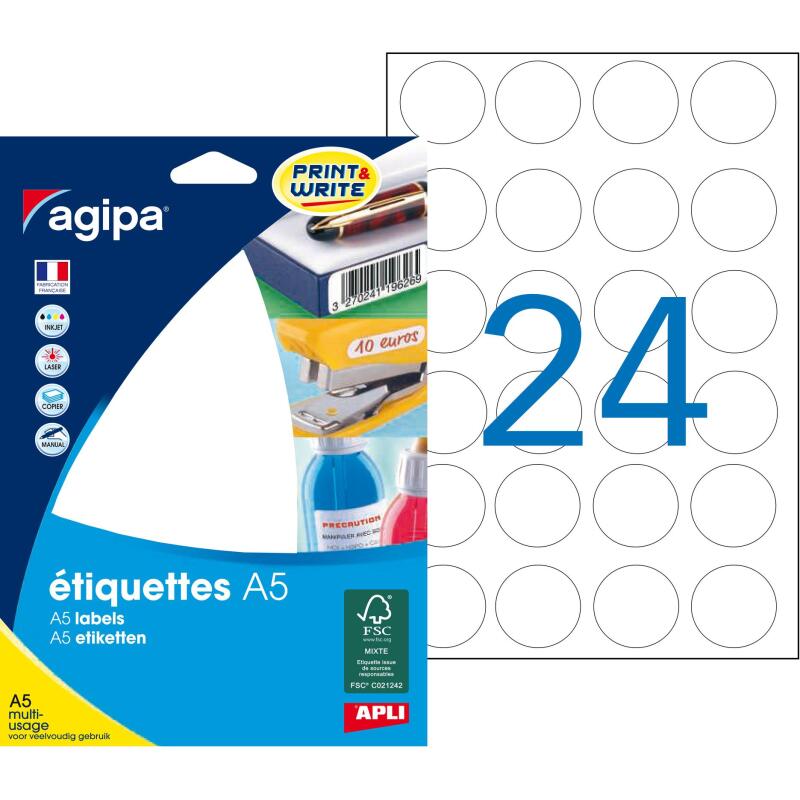 Etiquette ronde multi-usage blanche diamètre 30 mm - Pochette de 384