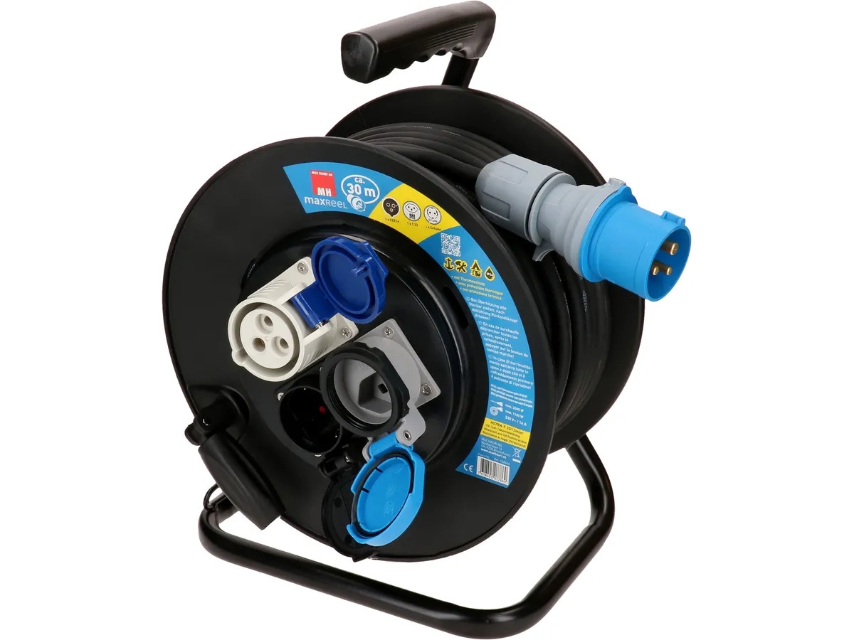 Kabelrolle IP44 1x Typ 23 IP55, 1x CEE16 -3, 1x Schuko 30m schwarz