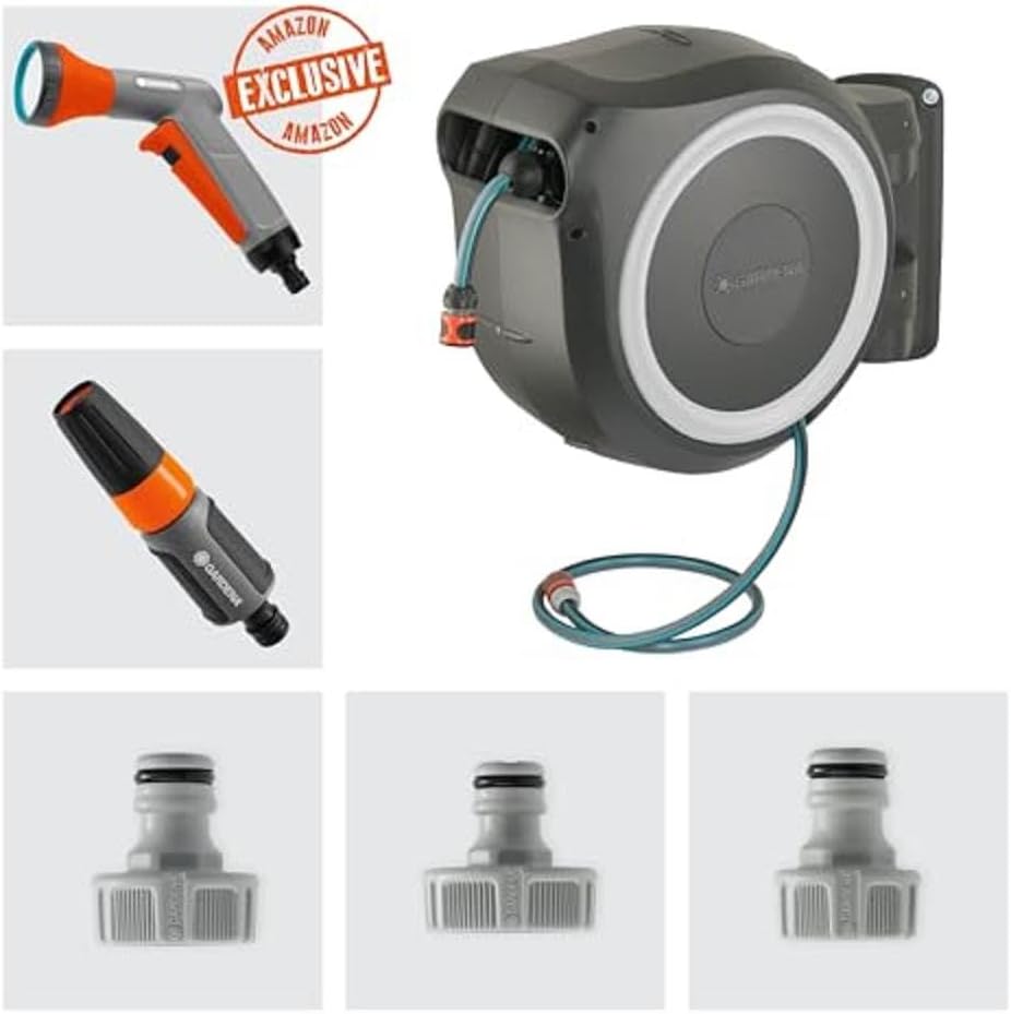 Gardena Wand-Schlauchbox RollUp XL 35 m Exklusiv für Amazon: flexible Bewässerung für große Gärten, Schwenkbare Schlauchbox, inkl. 35 m Qualitätsschlauch mit Brause & Reinigungsspritze (18632-60)