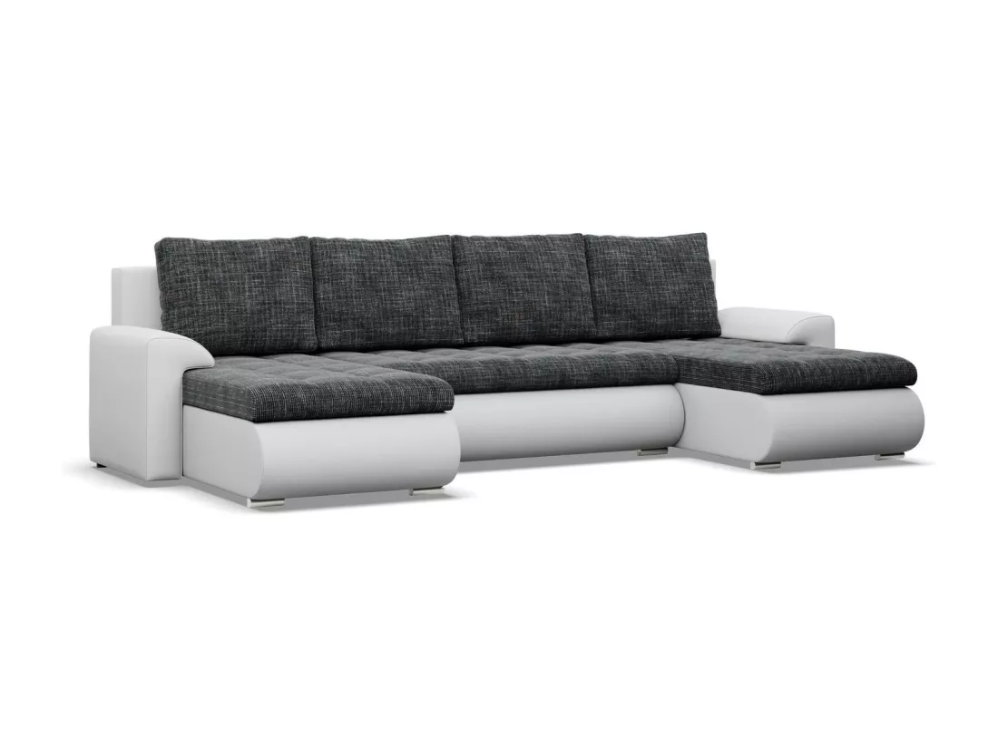 Canapé d'angle en U avec fonction sommeil, 2 méridiennes, Noir + Gris