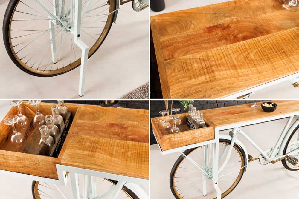 Retro Konsolentisch BICYCLE 190cm salbei natur Mangoholz Fahrrad Bartisch Upcycling