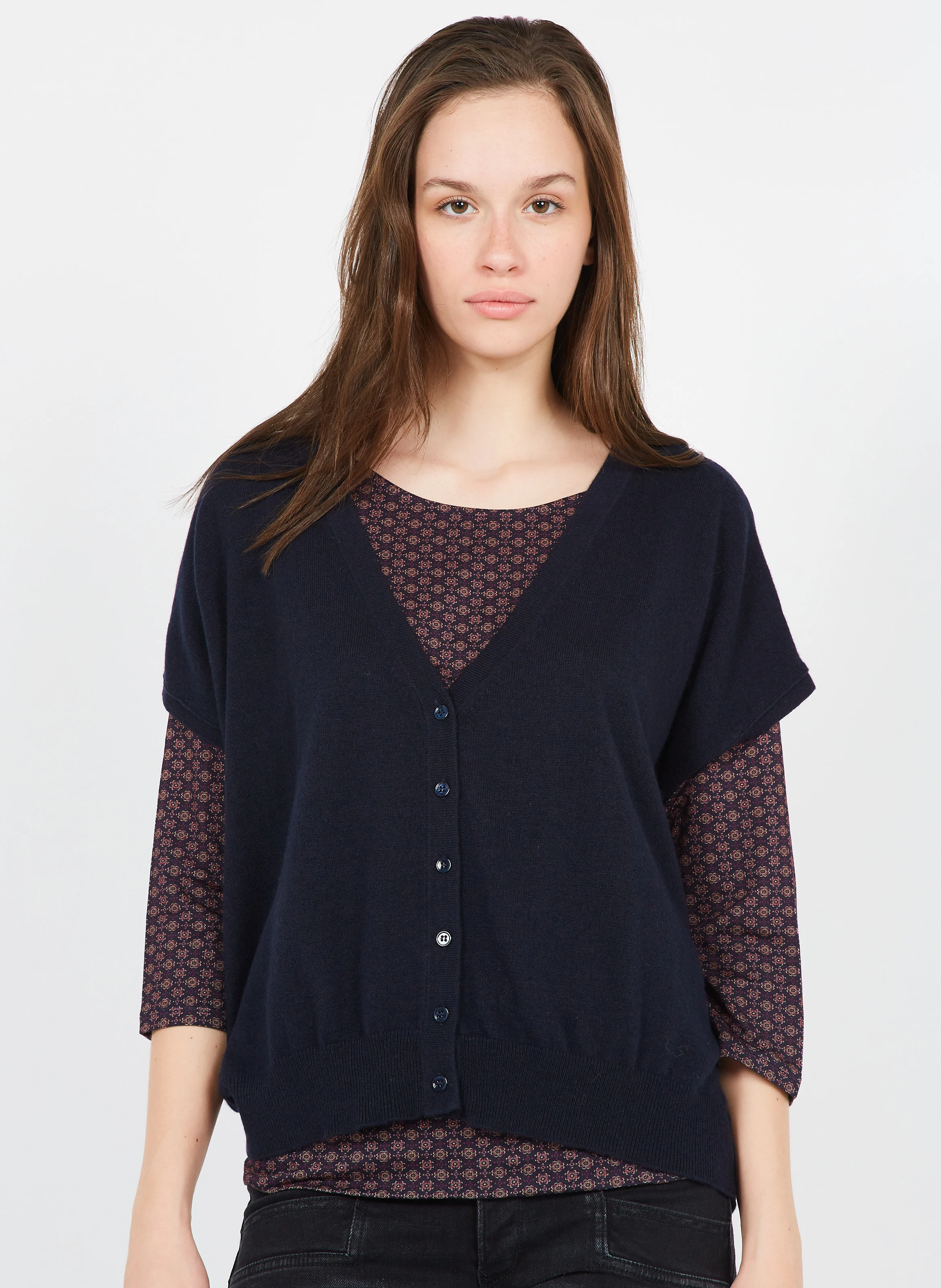 LEXIE - Gilet col V en laine mélangée | Bleu