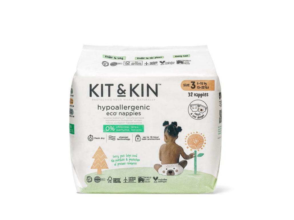 FRALDAS ECOLÓGICAS KIT & KIN HIPOALERGENICAS T3 6-10KG 32 UN