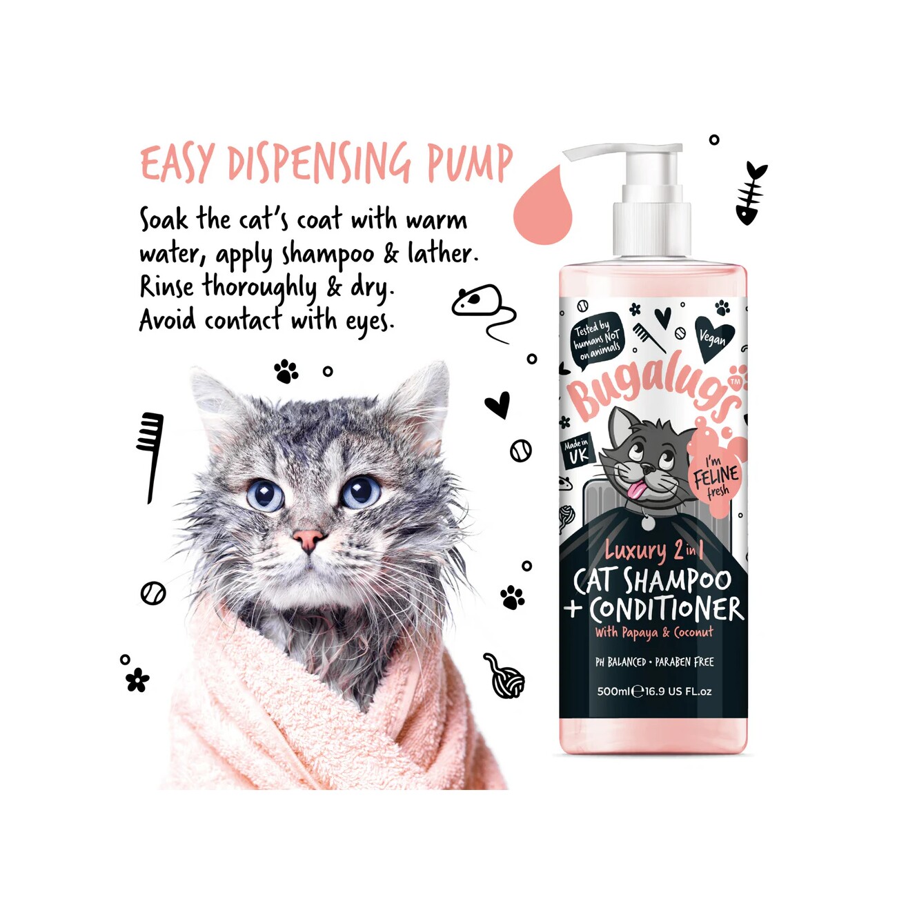 Bugalugs Katzenshampoo Kokos & Papaya – Tropisch duftendes 2-in-1 Shampoo & Conditioner für Katzen