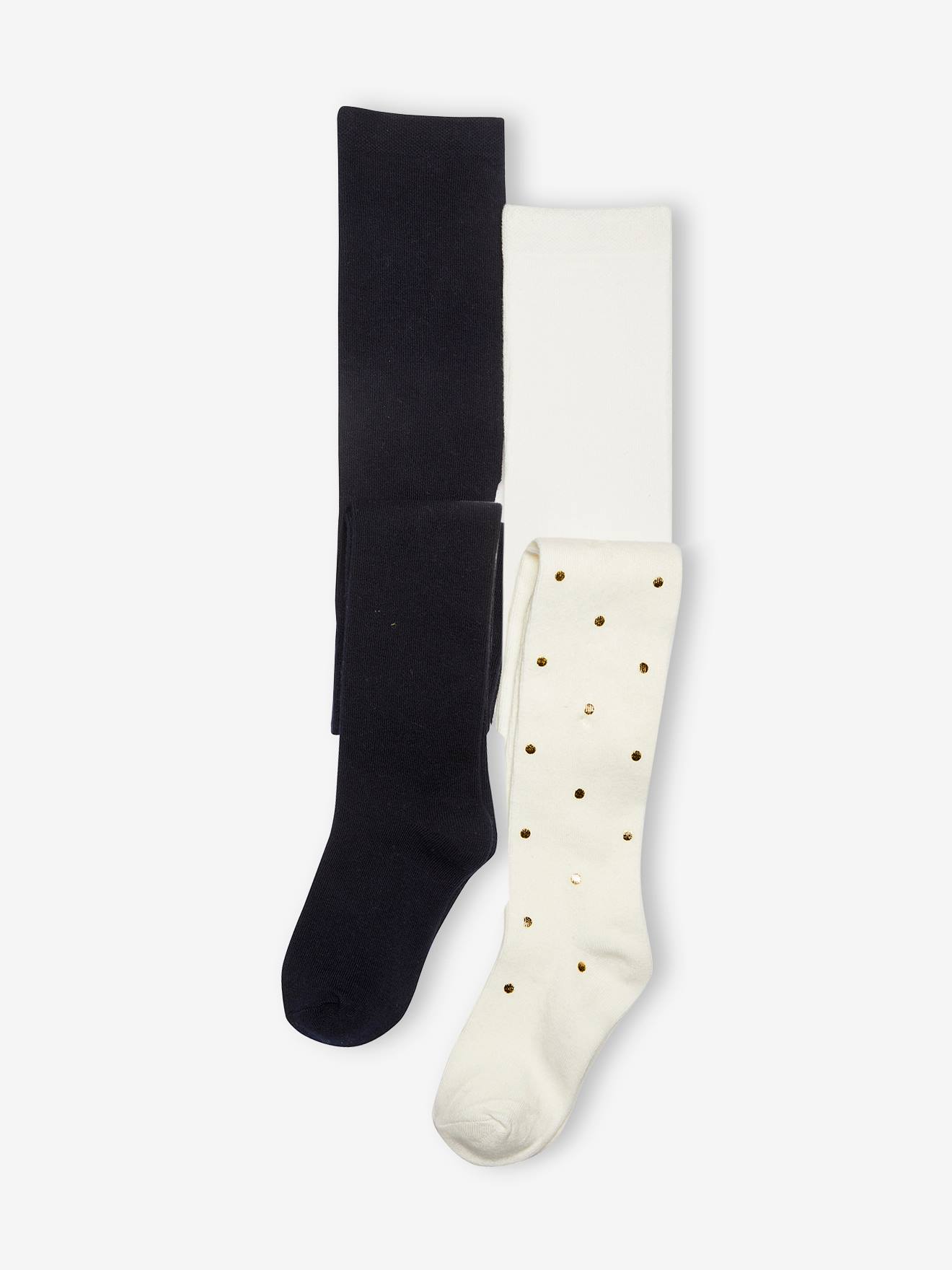 Lote com 2 pares de meias-calças lisas de malha/bolinhas, branco claro, bicolor/multicoloridas