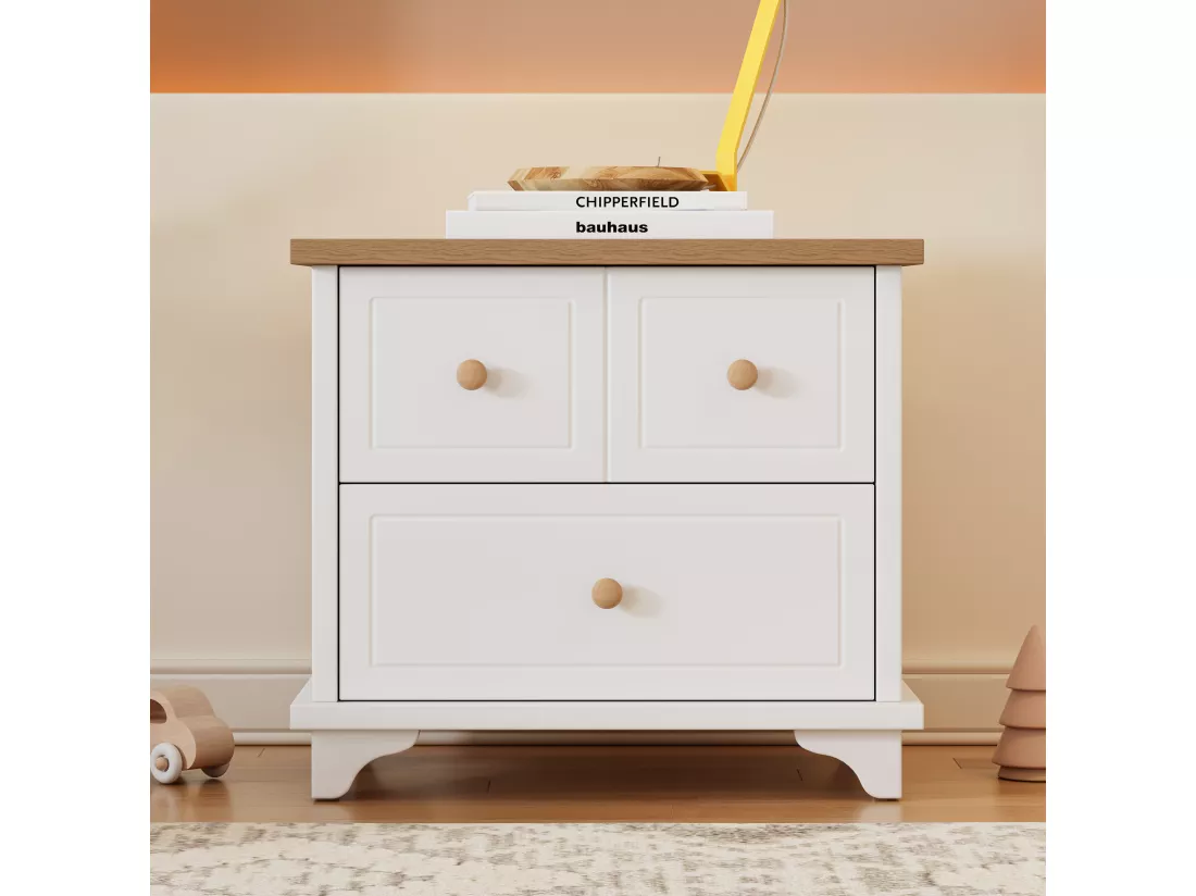 Table de chevet avec 2 tiroirs - 60 x 40 x 51.5 cm - pieds de belle facture - MDF+aggloméré - blanc+naturel