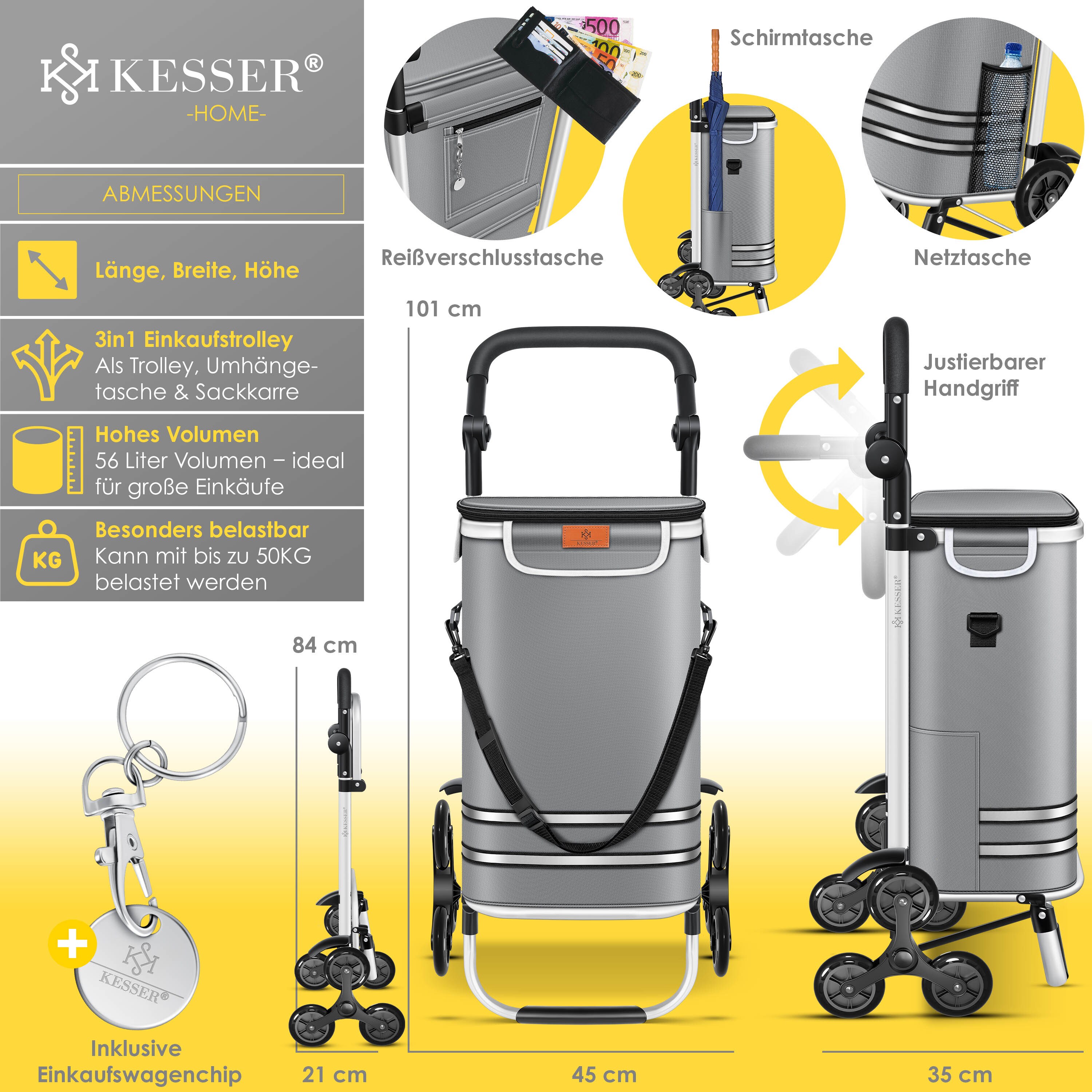 KESSER® Einkaufstrolley Treppensteiger mit Kühlfach klappbar mit 56L Kapazität und belastbar bis 50kg | 3in1 Trolley Sackkarre & Umhängetasche | Faltbarer Einkaufswagen inkl. Einkaufschip