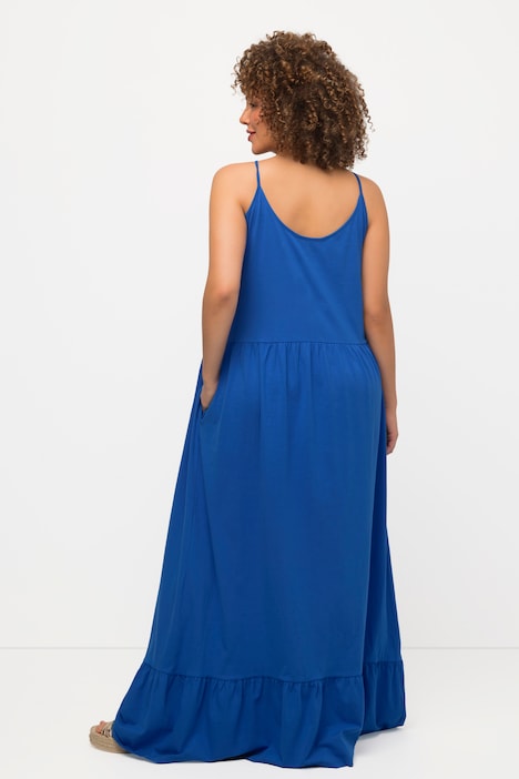 Midikleid, Volantstufen, A-Linie, Spaghettiträger, ärmellos