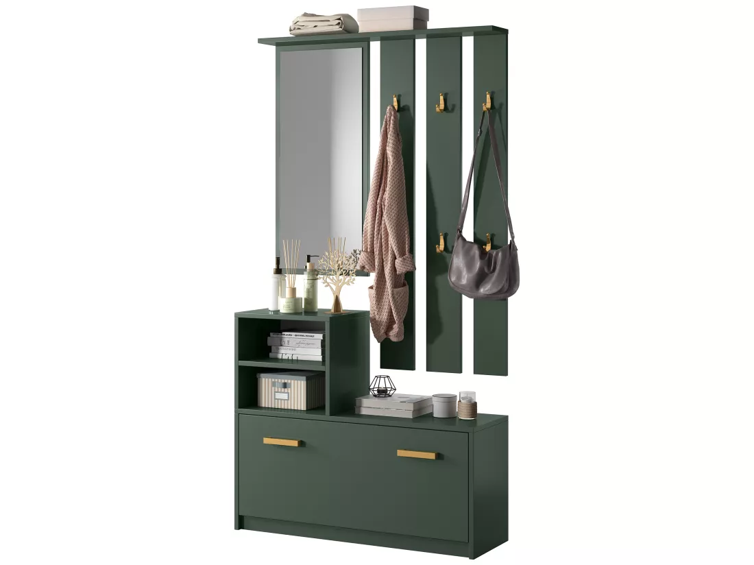 Vestiaire d’entrée / Meuble d’entrée - vert bouteille - armoire à chaussures - portemanteau - miroir - 85 cm - YESFIR
