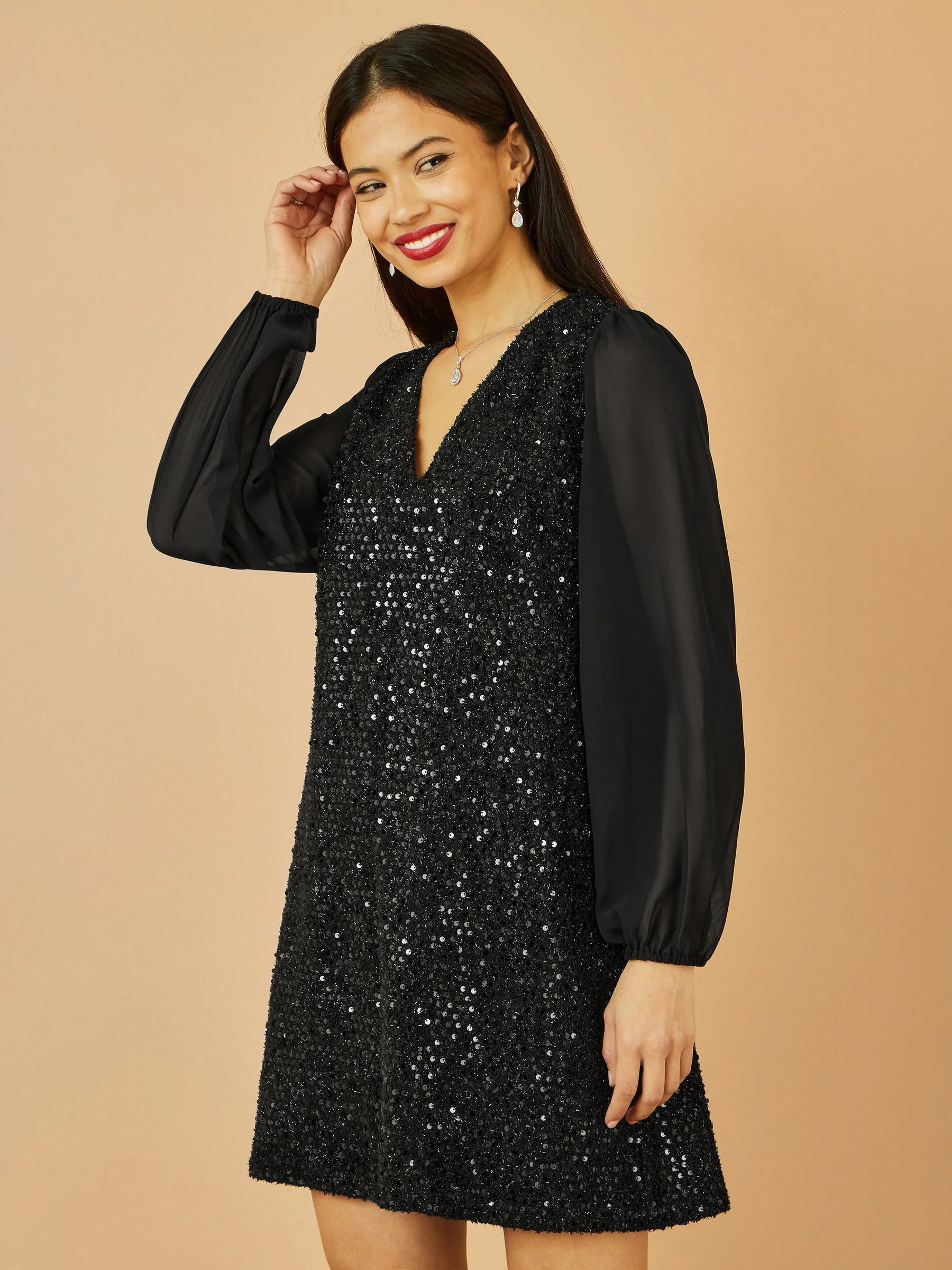 Zwart - Yumi Sequin Tunic With Tie Back And Sheer Sleeves