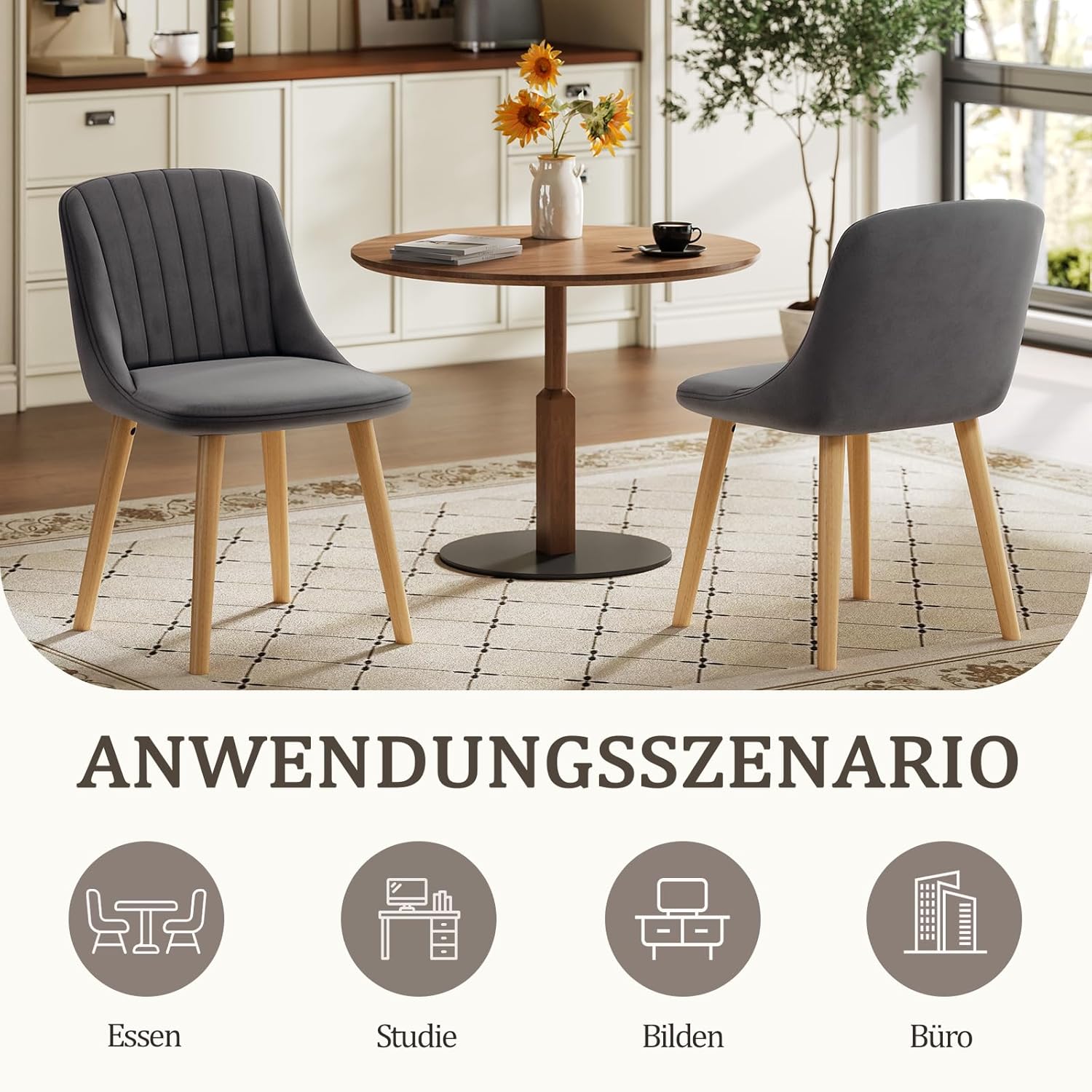 Esszimmerstühle 6er Set Samt Polsterstuhl Küchenstuhl Wohnzimmerstühle mit Rückenlehne und Massivholz-Beine, Dunkelgrau