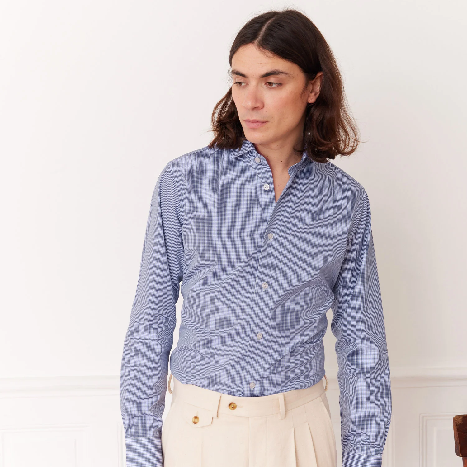 Fitted shirt in blue gingham poplin