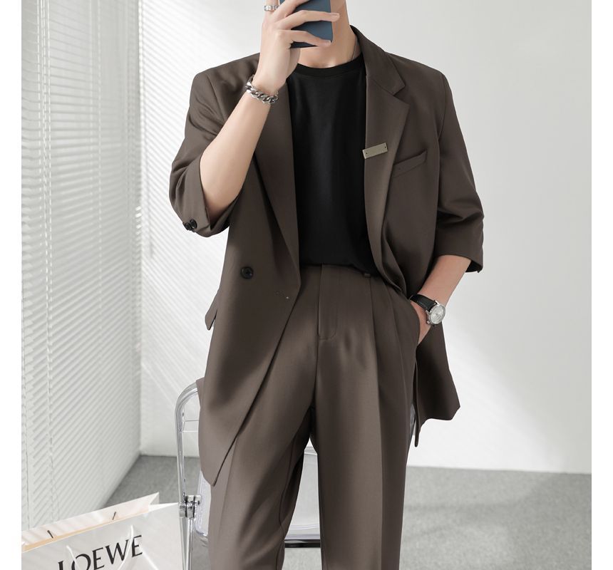 Naideth - Set: Reverskraag Effen Dubbelrijs Blazer + Middelhoge Rechte Broek