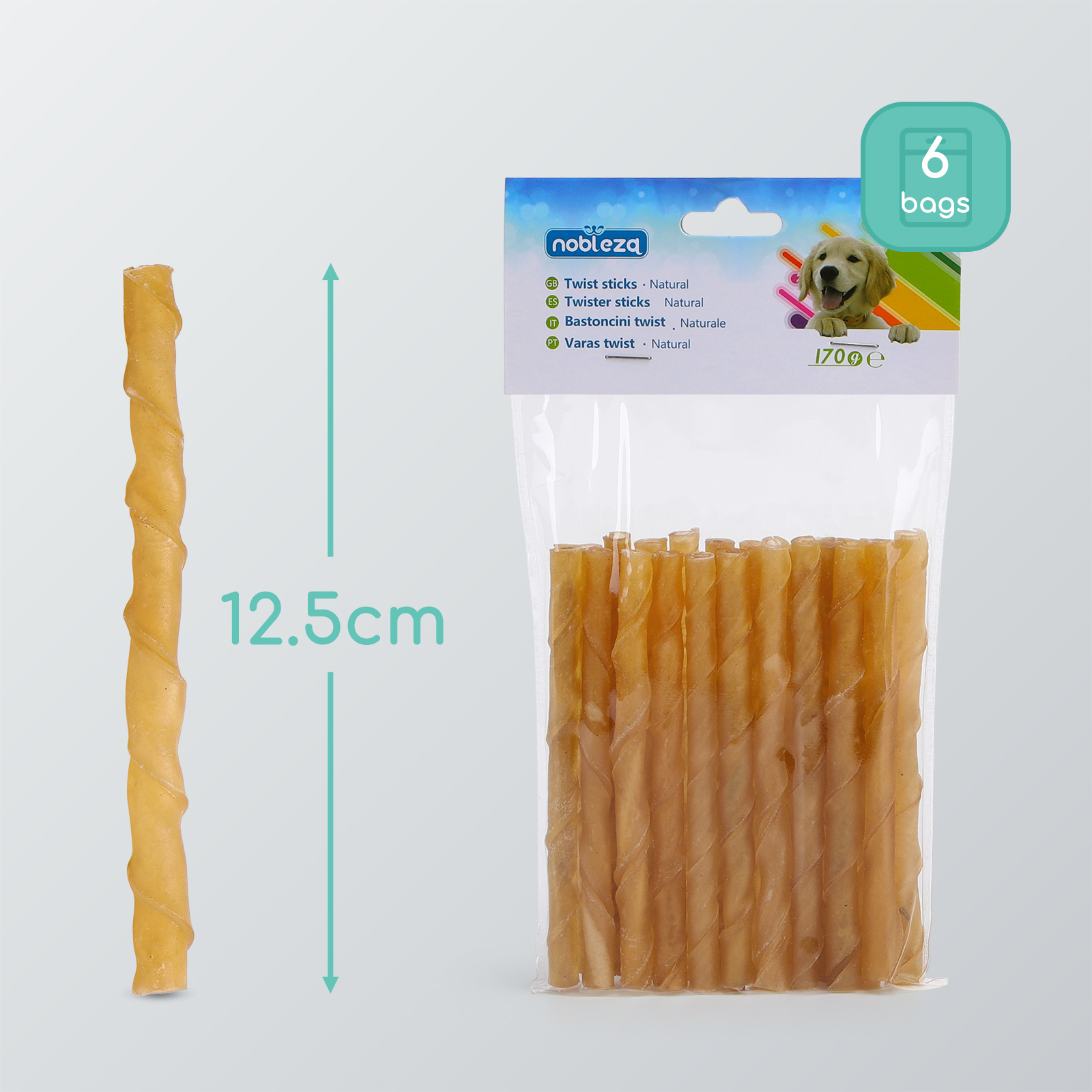 Nobleza - Palitos 100% Naturais para Cães, 125mm x 10mm (120 Unidades), Palitos de Pele de Cachorro, Baixo Teor de Gordura, Alto Teor de Proteína, Sem Aditivos ou Conservantes Artificiais.