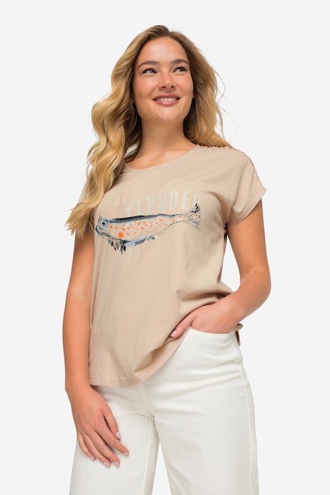 T-Shirt, Fisch-Print, Rundhals, Schulter-Zierband, OEKO-TEX