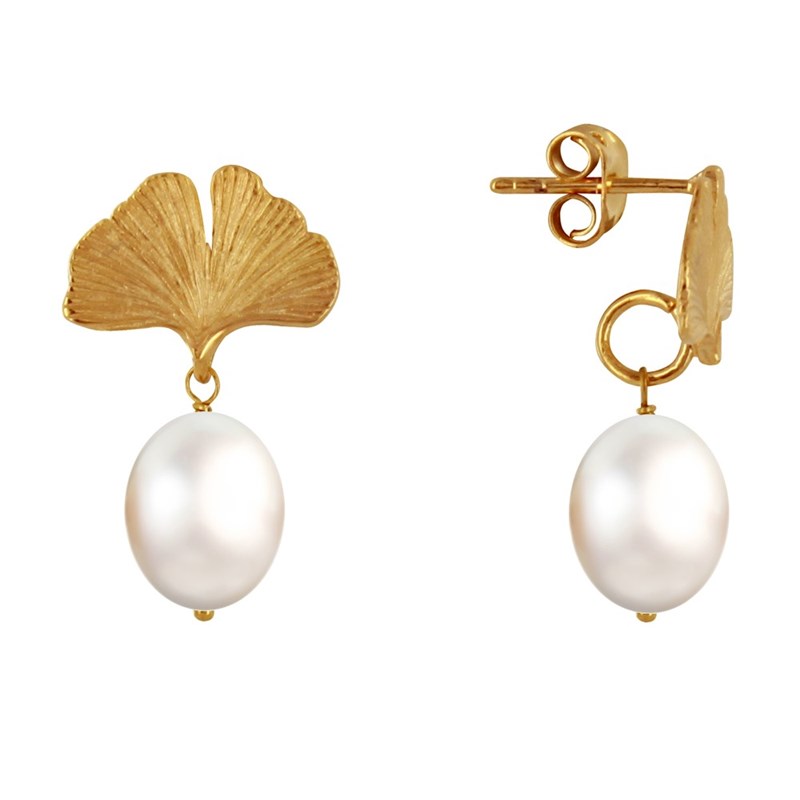 Boucles d'Oreilles Clous Plaqué Or Feuille de Ginkgo et Perle Blanche