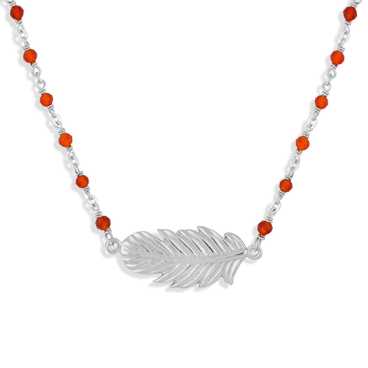 Collier Argent Rhodié Plume Et Pierres Onyx Naturelles Rouges