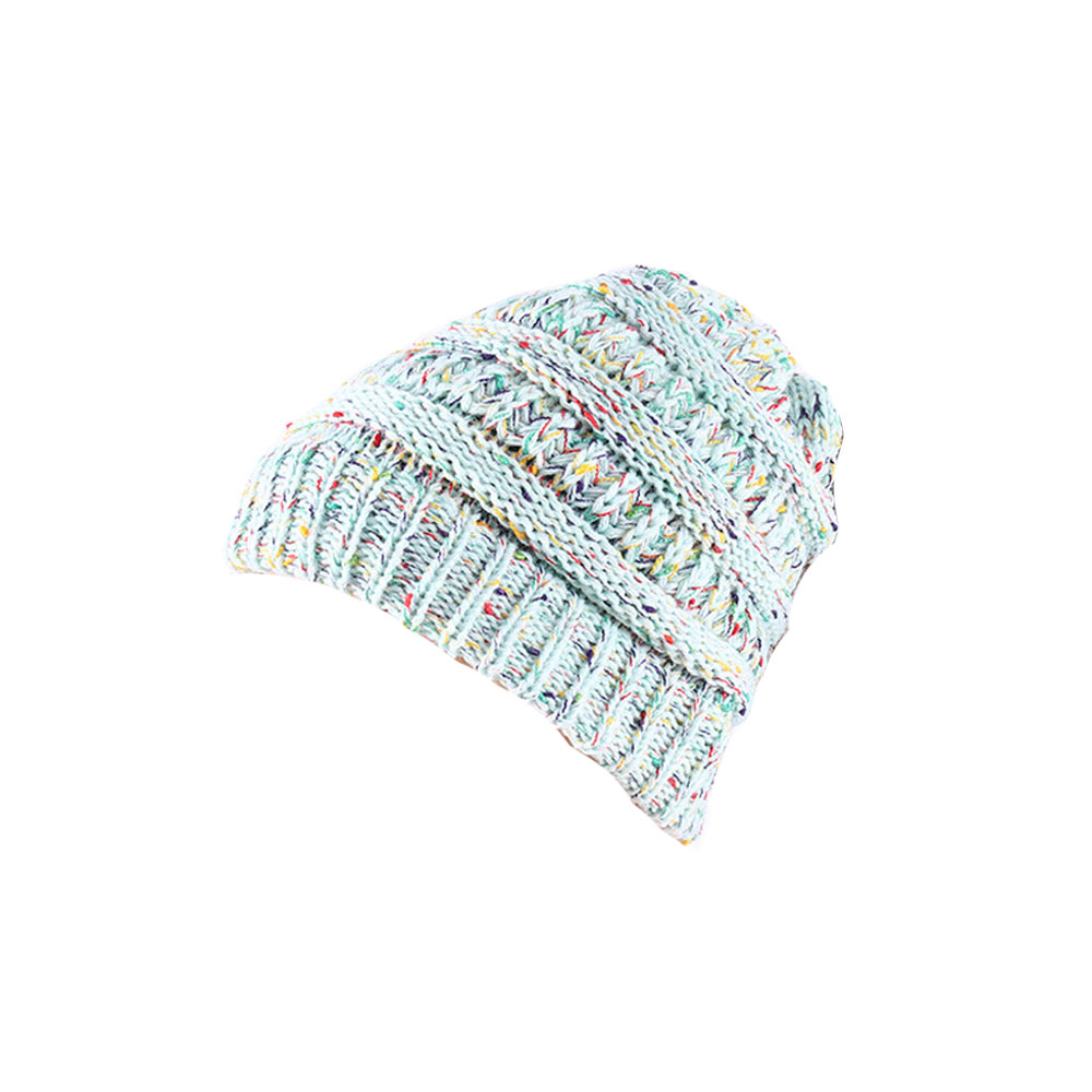 Damen Strickmütze mit Zopfloch Winter Mütze für Pferdeschwanz   Zöpfe (One Size) - Mint / Bunt