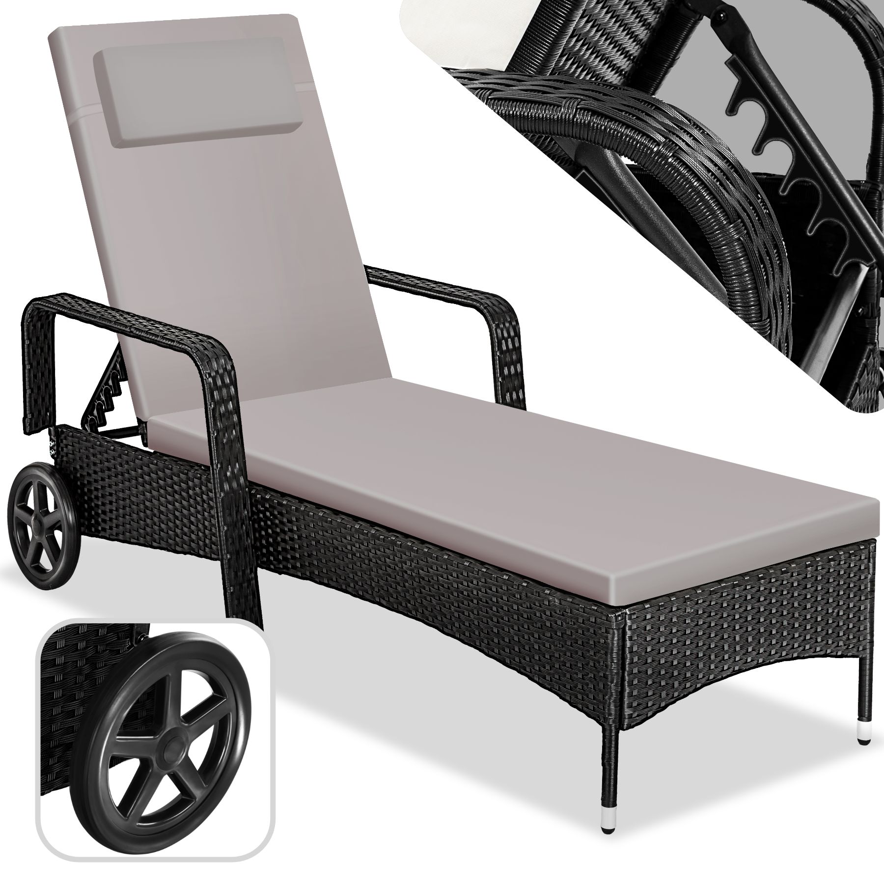 tectake® Rattan Sonnenliege, mit Aluminiumgestell, 6-fach verstellbare Rückenlehne, 196 x 72 x 57 - 94,5 cm
