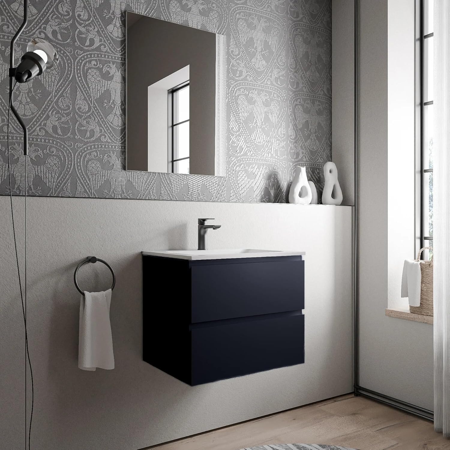 BERNSTEIN - Hängeschrank für Badezimmer, MDF, dunkelblau, matt, Waschbecken aus Mineralguss, weiß, matt, mit Hahnloch – 60 x 46 x 50 cm – AVA Cream