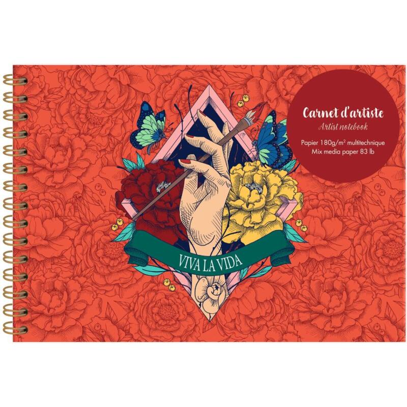 Frida Kahlo, Carnet d'artiste reliure intégrale A5 paysage, 30 feuilles de papier dessin blanc multitechniques 180g