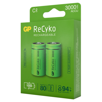 GP Batterij Oplaadbaar C Baby NiMH 3000mAh ReCyko 1,2V 2 Stuks