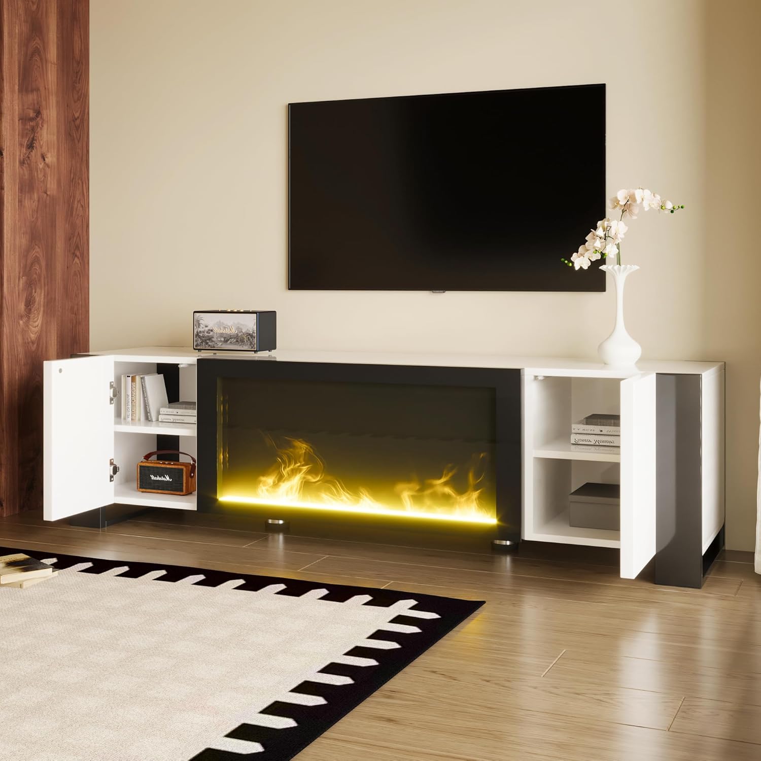TV-Schrank, Lowboard mit elektrischem Kamin Flammeneffekt, Keine Heizfunktion, Hochglanz, farblich passender TV-Schrank